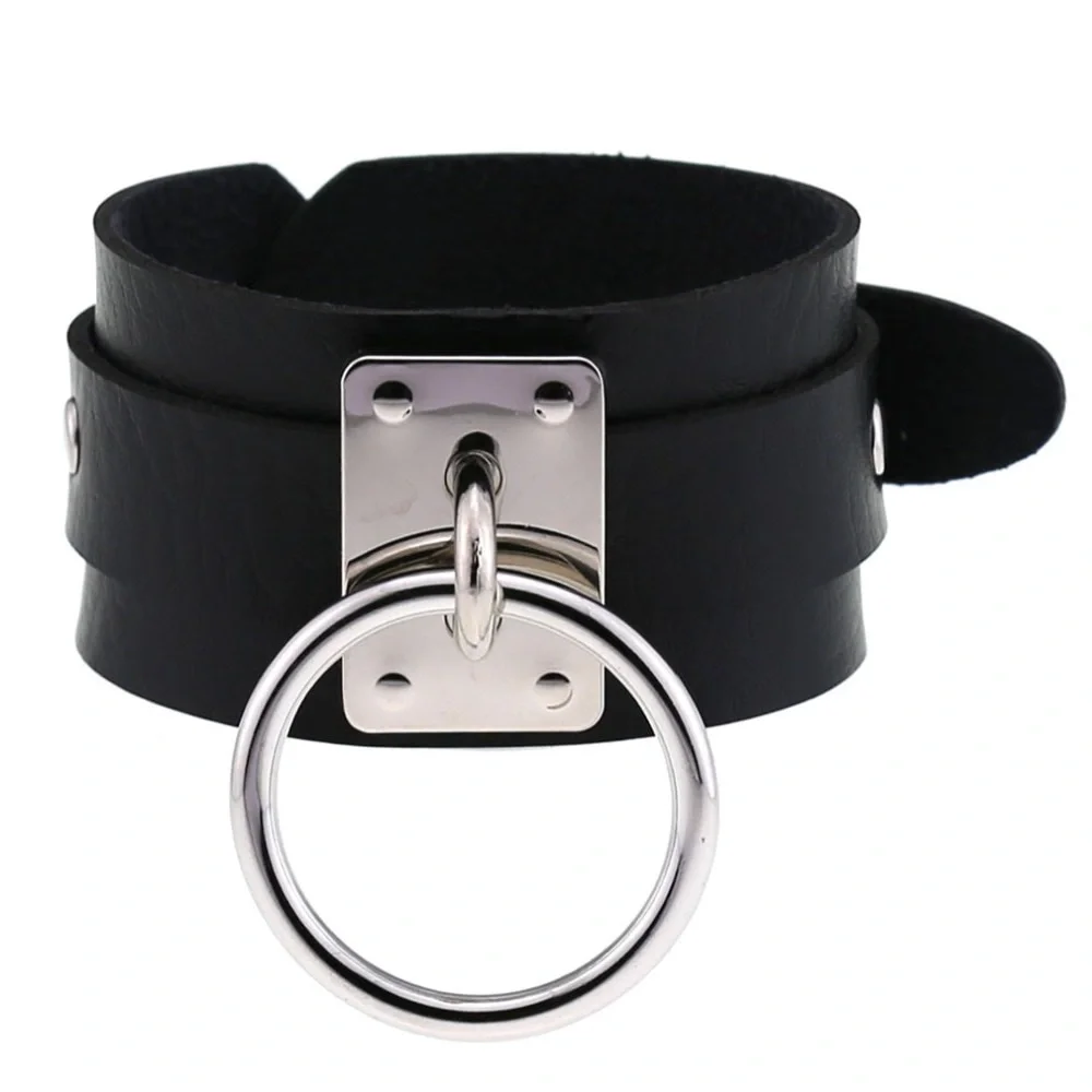 Punk Gothic Black Vegan Leather Metal Ring Bracelet - Picture 4 of 16